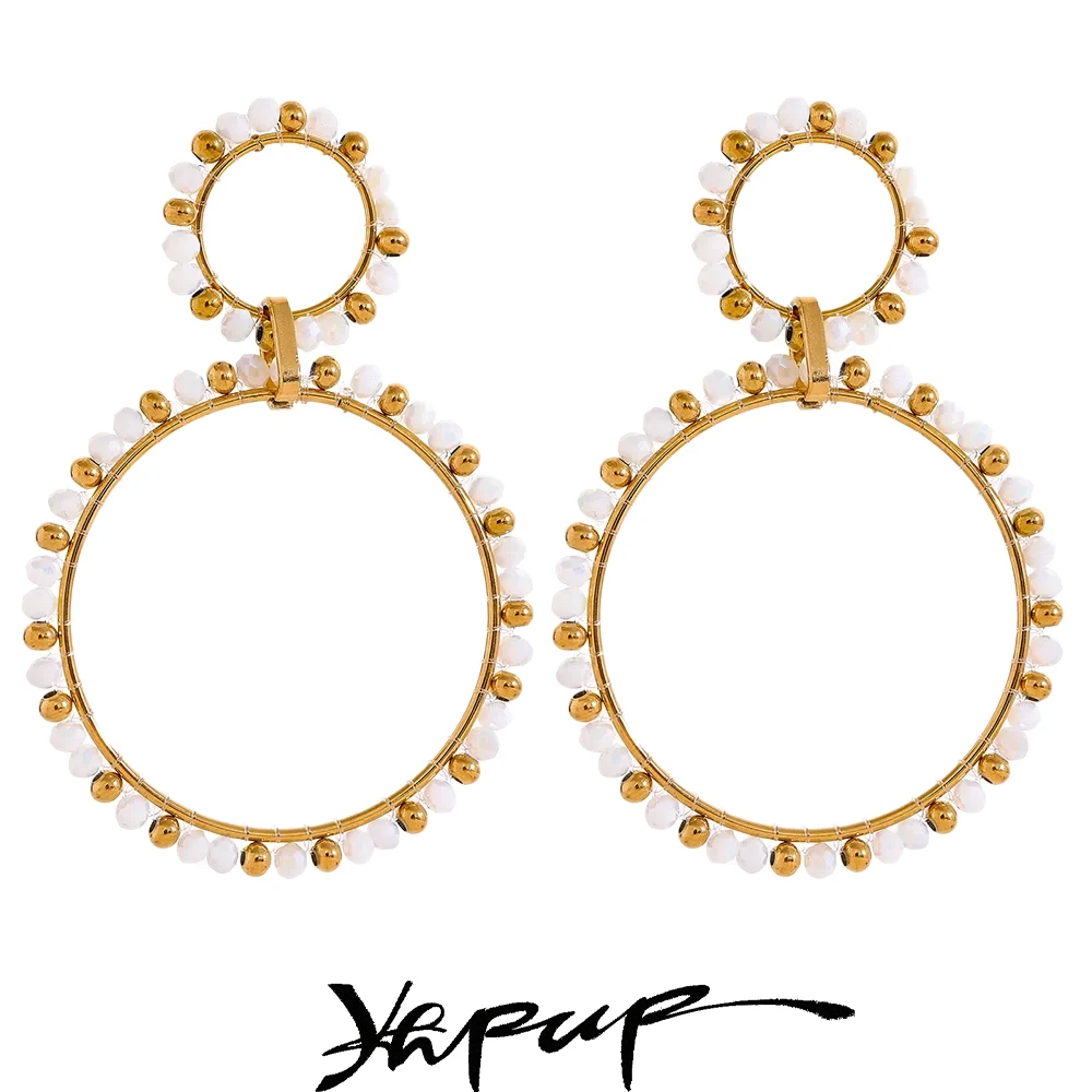 Yhpup-pendientes colgantes redondos de acero inoxidable para mujer, cuentas de cristal coloridas hechas a mano, tendencia de verano, regalo de joyería Y2K, 65mm