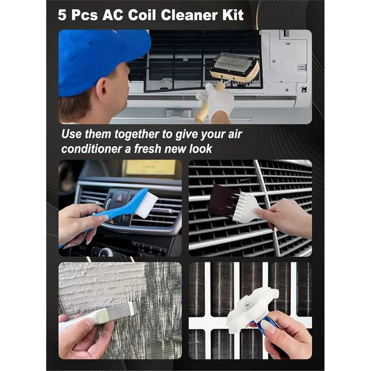 5 Pcs AC Coil Cleaner Set, Plastic Air Conditioner Fin Comb, Stainless Fin Straightener, Dual-Sided Cleaning Brush Kit