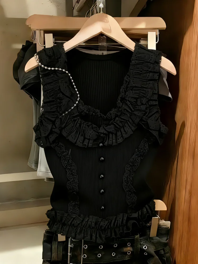 

Elegant Lace Trim Knitted Tank Top Women's Slim Fit Summer New Style Self-kept Recommendation Korean Version Silk Material
