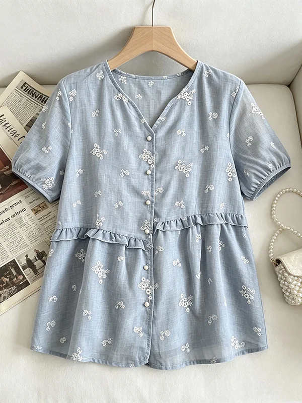 

plus Size Women's Fashionable V-Neck Embroidered Slimming Shirt Summer 2026 Korean Style Commute Floral Print Belly Conceal