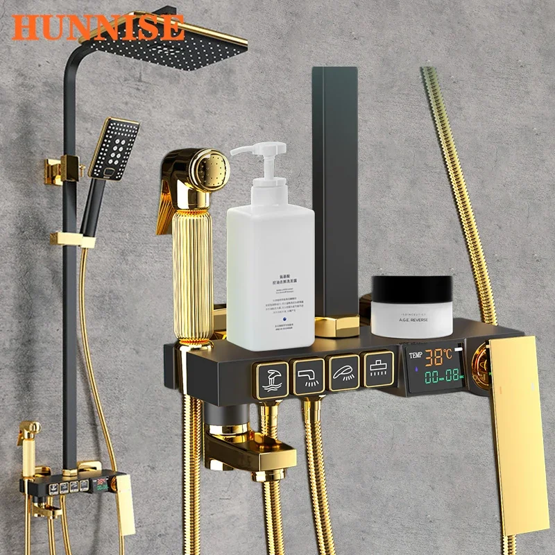 

Hot Cold Digital Shower Set Quality Brass Thermostatic Bathroom Shower System Faucets Rainfall Top Head Black Gold Shower Set