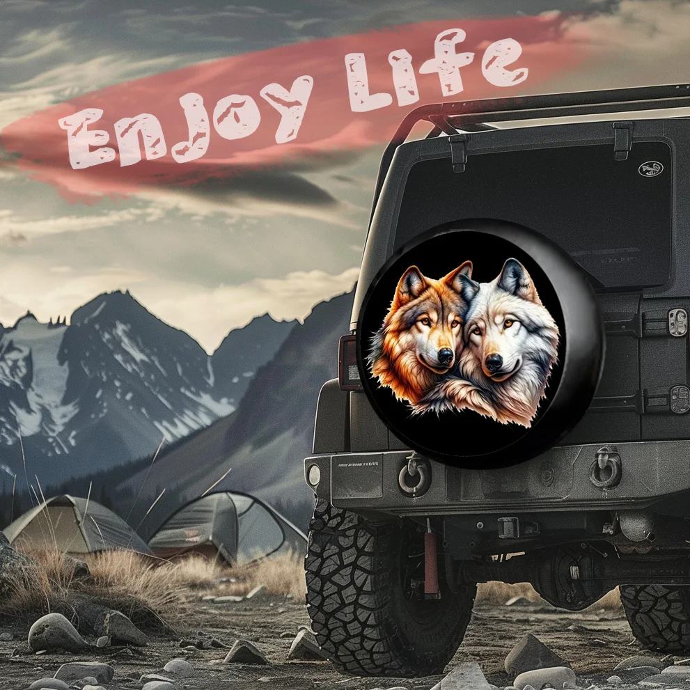 غطاء إطار بورتريه على شكل ذئاب مزدوجة من البوليستر المقاوم للعوامل الجوية لسيارات الدفع الرباعي RV #2