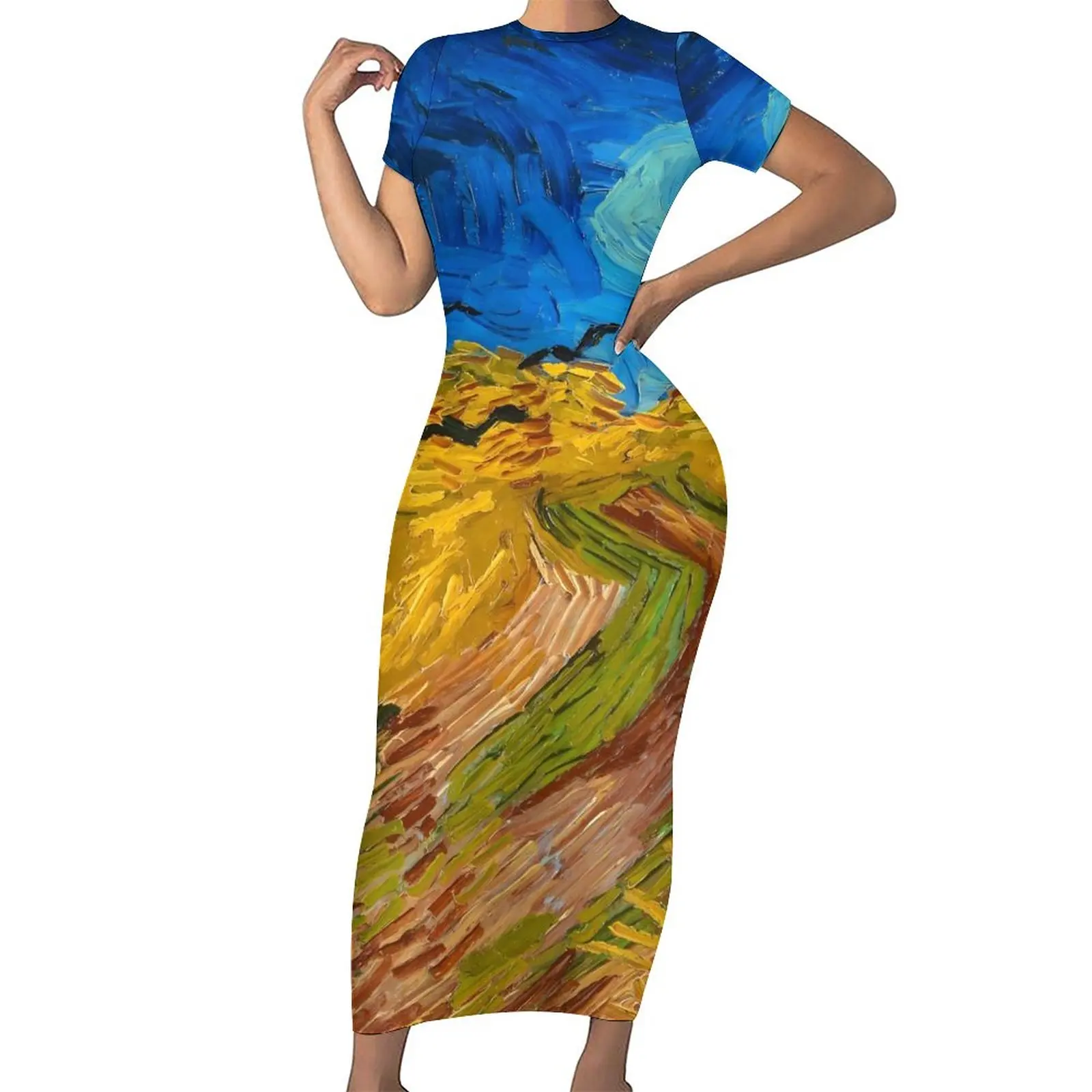 1890 by Vincent Van Gogh Dress Short Sleeve Wheatfield Street Style Maxi Dresses Bodycon Dress Womens Print Big Size Clothing