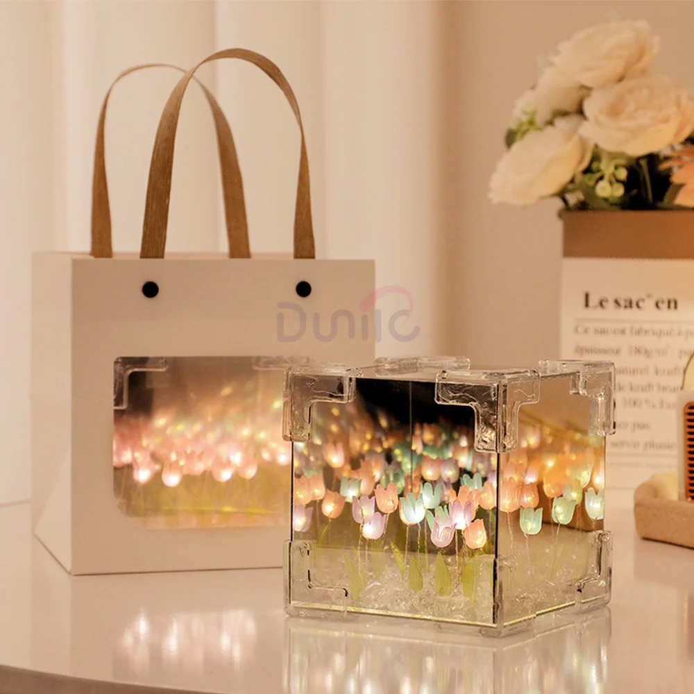 Lámpara de espejo de cubo de tulipanes hecha a mano, luz de espejo de cubo mágico de flor de tulipán DIY, decoración de escritorio de dormitorio, regalo de cumpleaños, 16