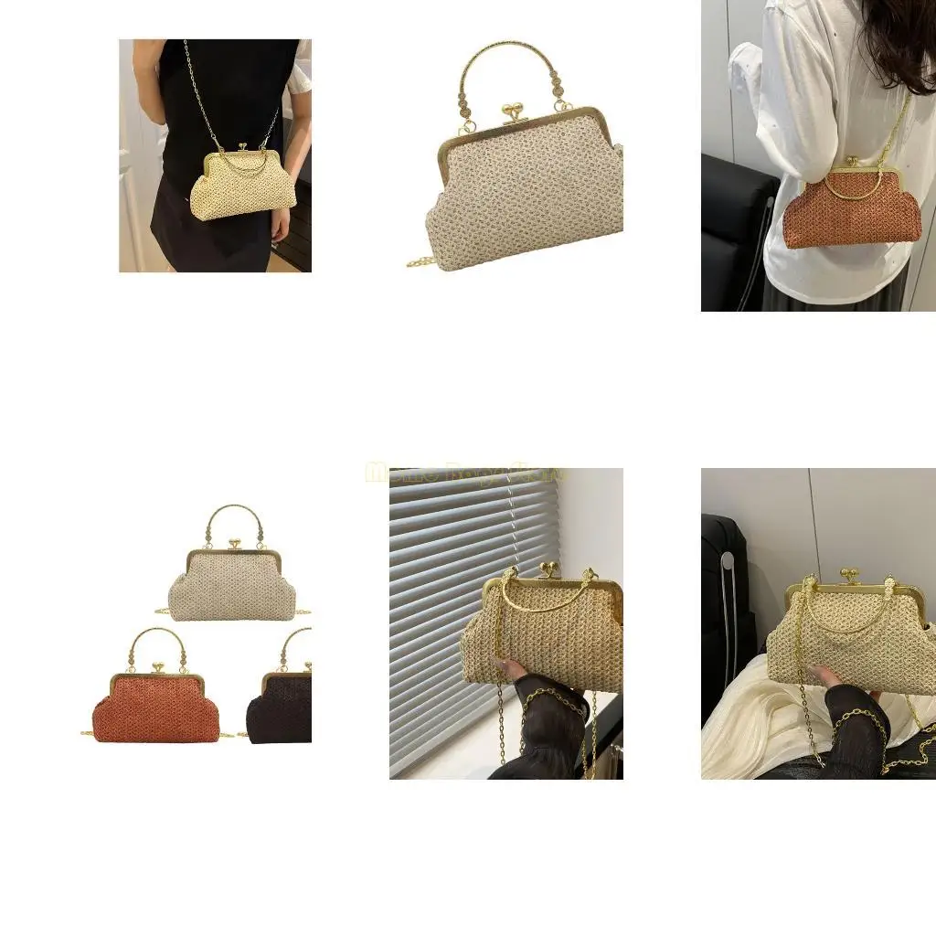 

X90D Shoulder Bag Woven Purse Clutches Shoulder Toted Handbag with Kiss Lock for Women Crossbody Bag with Removable Chain
