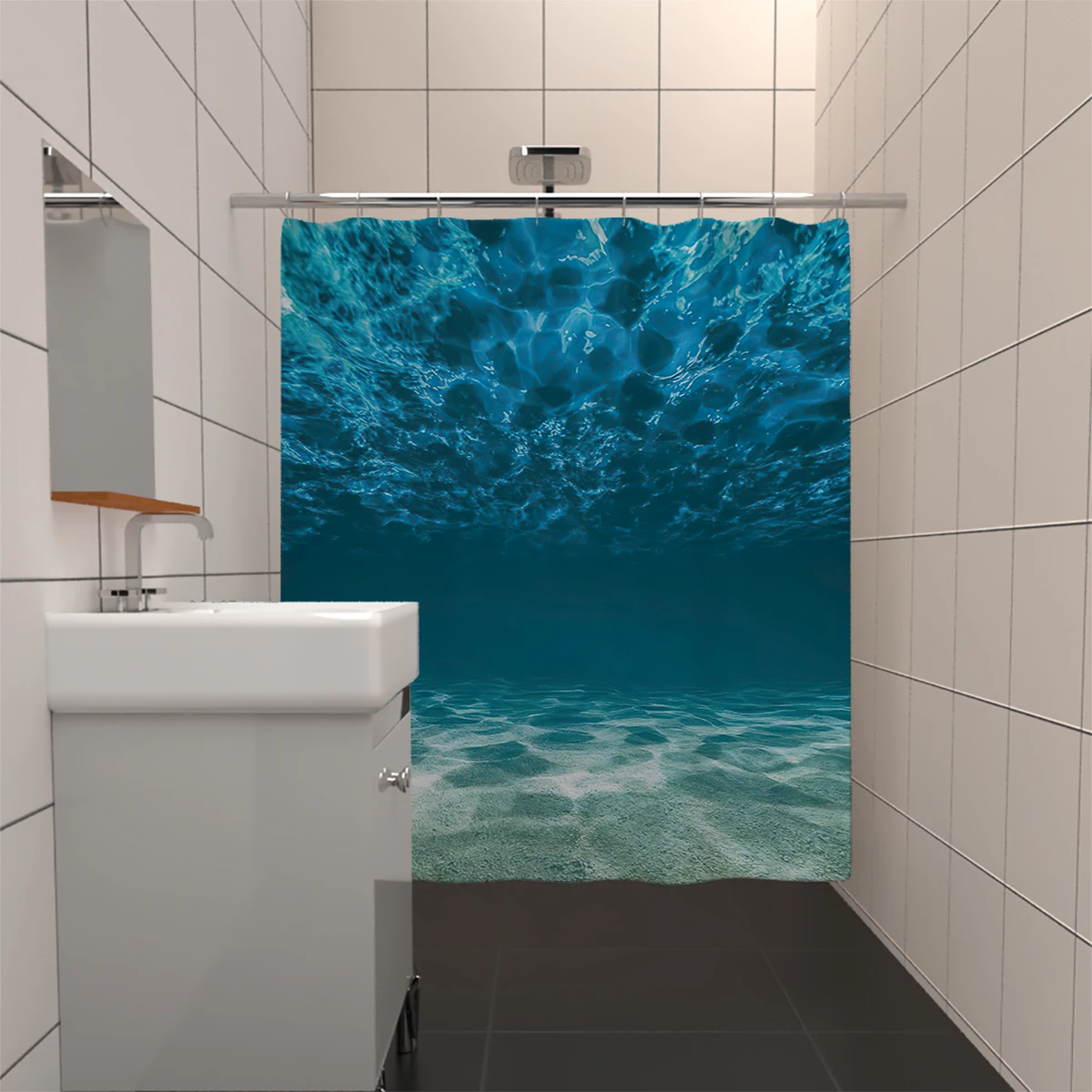 1PC, 180x180cm bathroom polyester shower curtain, mold resistant, waterproof, perforated with hooks, blue seawater print