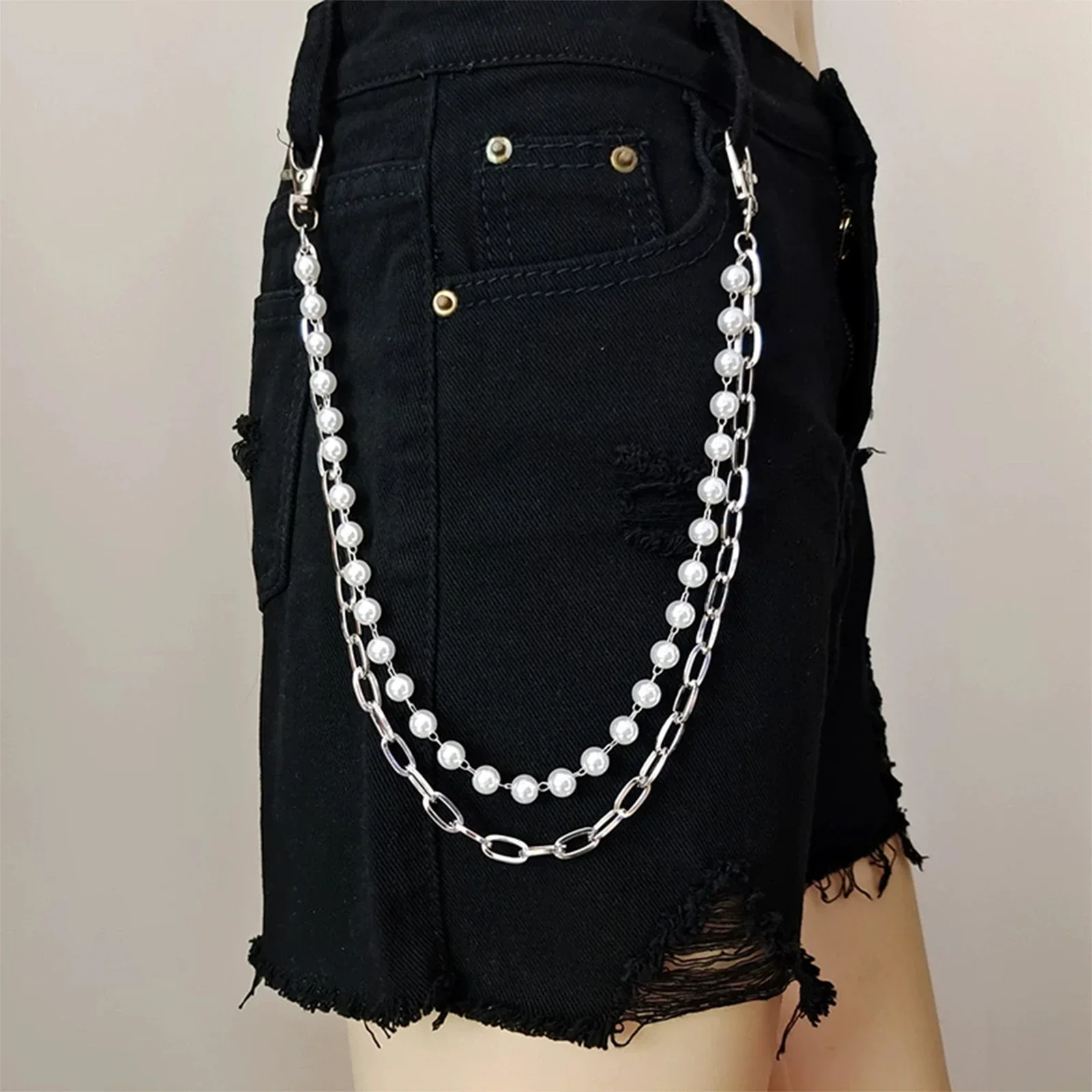 Rantai Pinggang Sederhana untuk Wanita Temperamen Mutiara Manik-manik Rantai Pinggang Berbentuk U Aksesori Rantai Jeans Kepribadian Rock Hip Hop