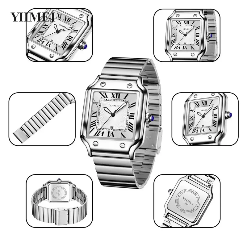 37 * 33MM square men's watch calendar quartz watch 3ATM waterproof stainless steel watch plated with sapphire film glass