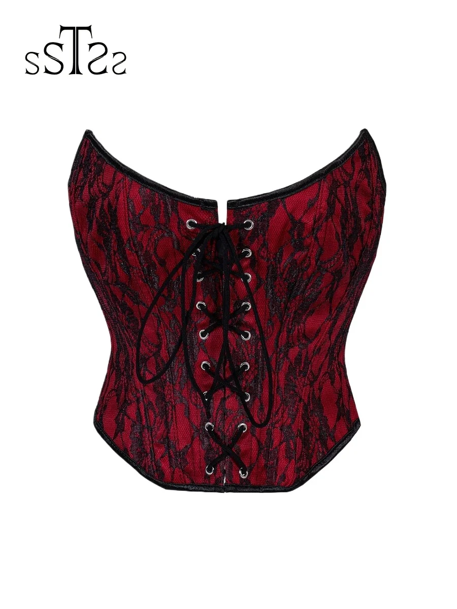 

ssTss Женский темно-красный корсет на шнуровке с талией Cincher Bodice Shaper Push Up Bustier Top Tummy Control Tube Бюстгальтер без бретелек Жилет