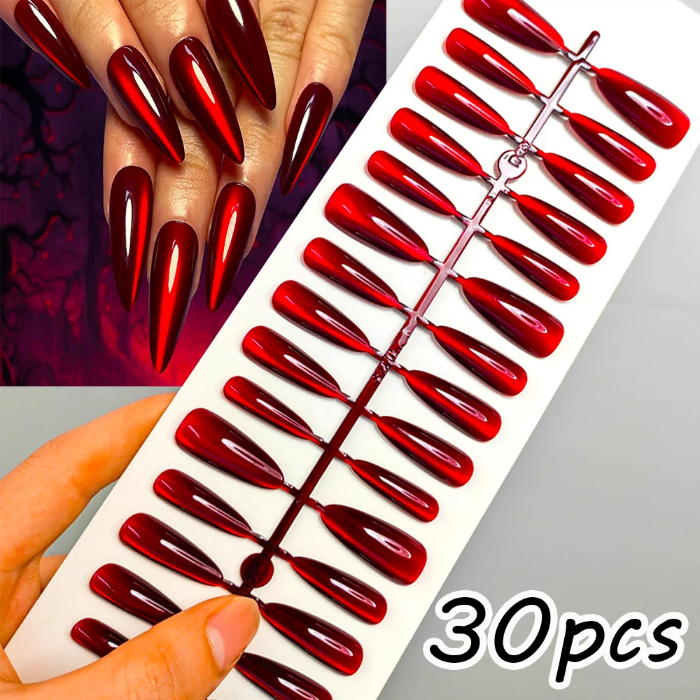 

30pcs/Set Long Almond Press On Fake Nails Full Cover Blood Red Cat's Eyes Sleek Fake Nails DIY Halloween Ghosts Wearable Nails