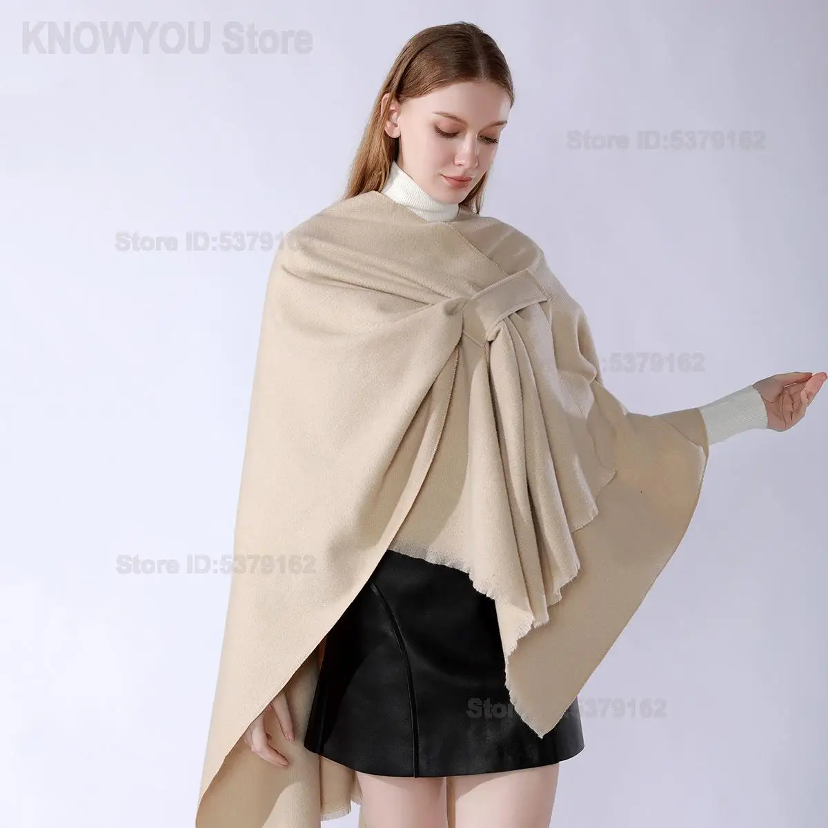Women Solid Color Faux Cashmere Cape Shawl with Strap Versatile Warm Cloak Outerwear Elegant High Sense Wrap