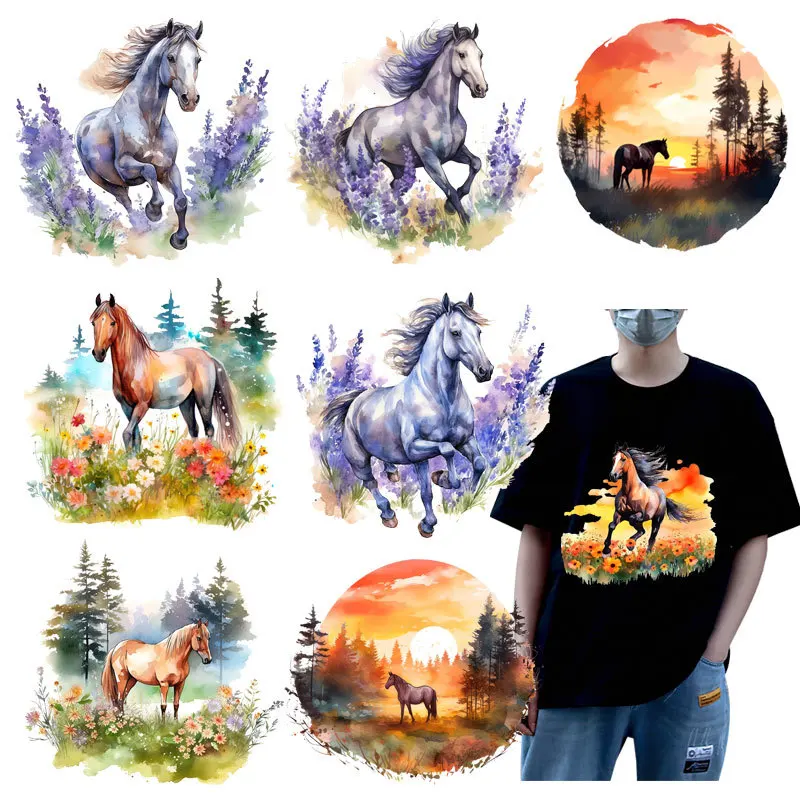 Iron-on Sticker For Clothes DTF Grassland Twilight Steed Heat Transfer T-shirt Hoodie DIY Jacket Patch is Waterproof