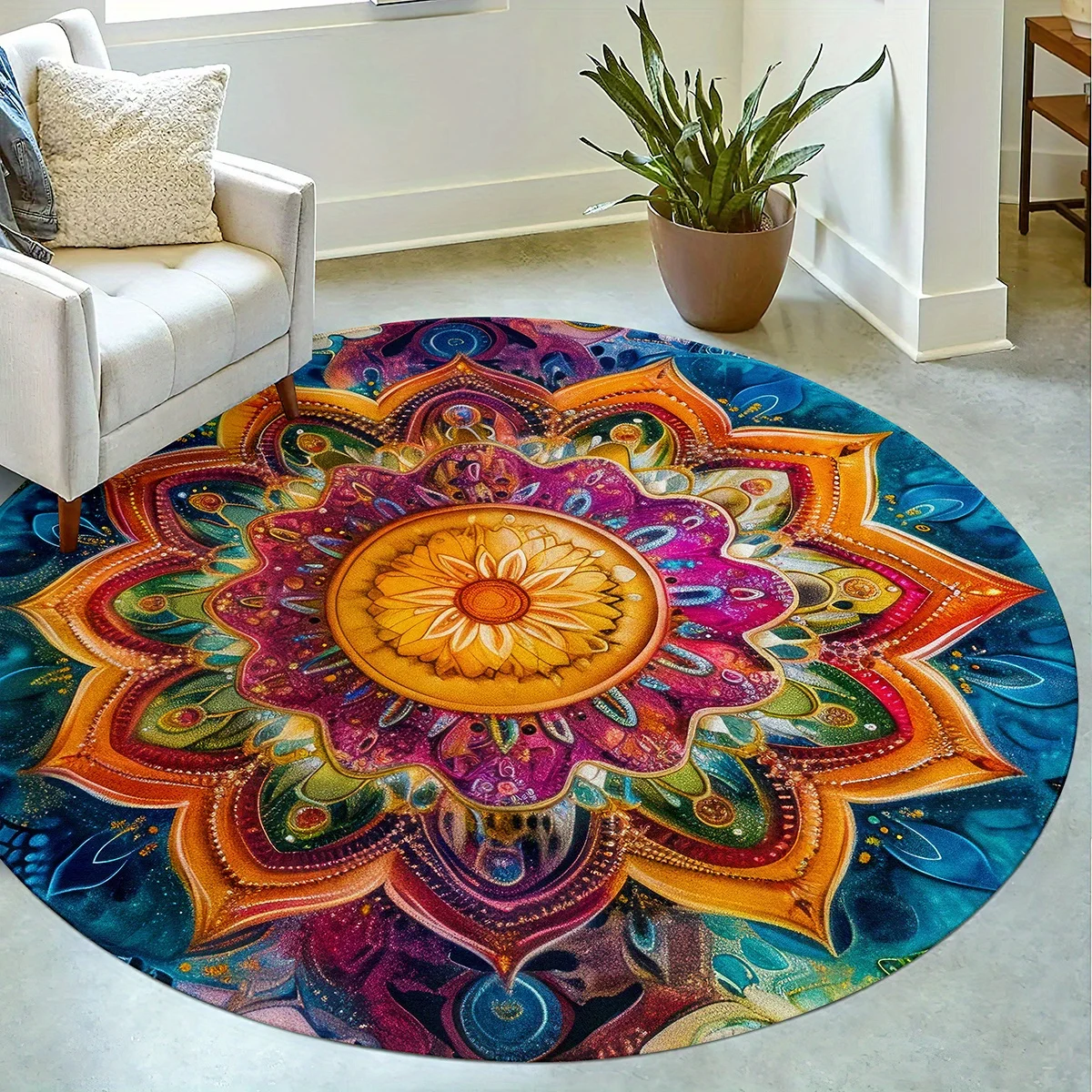 VIKAMA Colorful Mandala Sunflower Round Rug Bohemian Floral Art Print Non‑slip Soft Living‑room Bedroom Circular Floor Mat