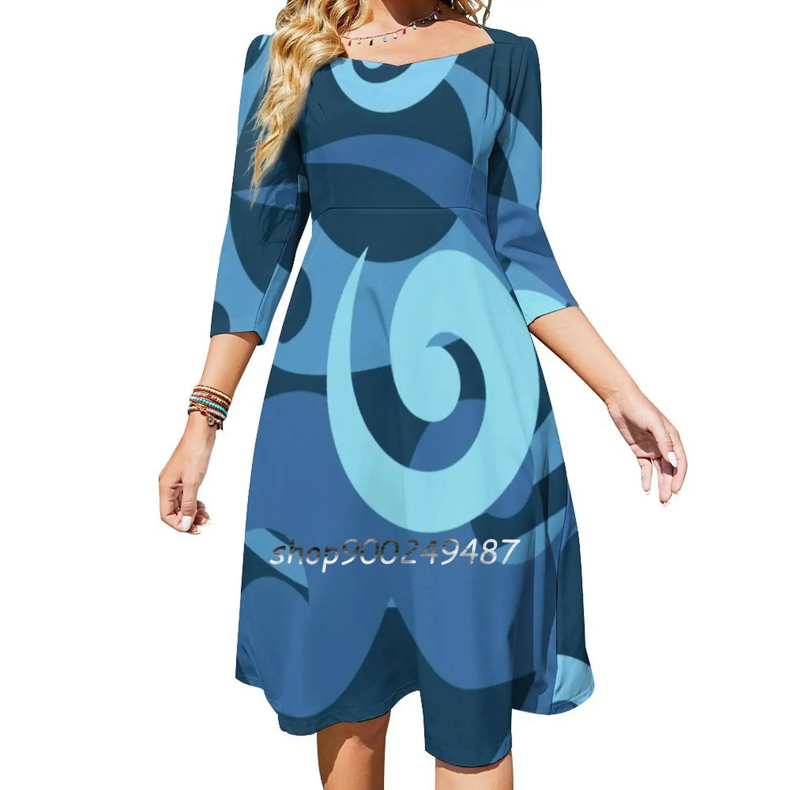 Koru Design , Blue Square Neck Dress New Plus Size Elegant Women Waist Tight Dress Koru Maori Art Maori New Zealand Nz Aotearoa