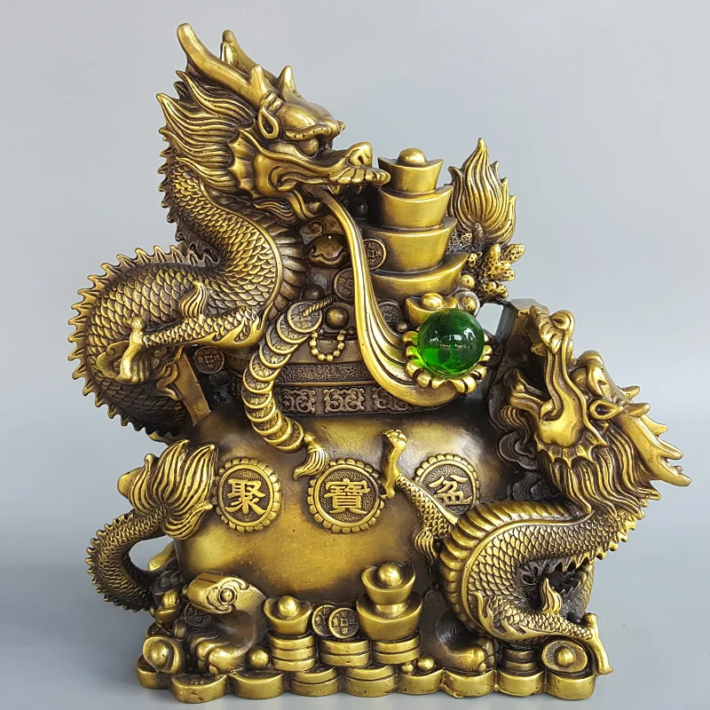 Asia HOME Bring wealth money GOOD LUCK double Royal Dragon JU BAO PEN statue FENG SHUI Statue Home store Company mascot talisman