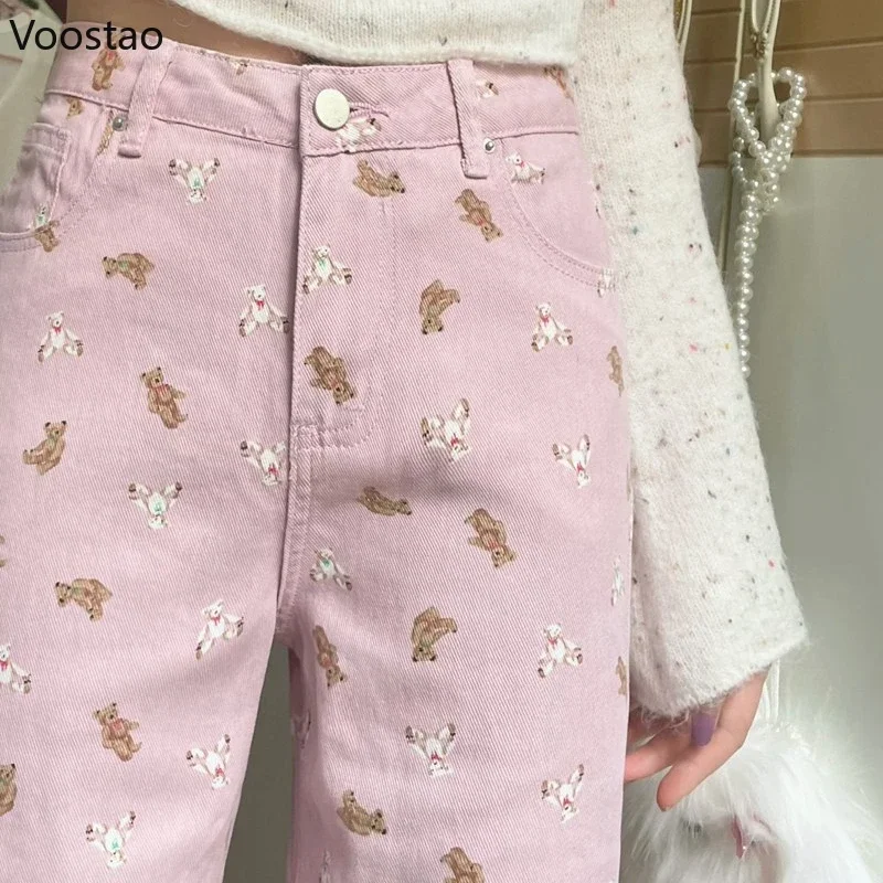 Pink Jeans Women Sweet Cute Cartoon Bear Print High Waist Wide Leg Pants Vintage Girls Casual Y2k Aesthetic Loose Denim Trousers