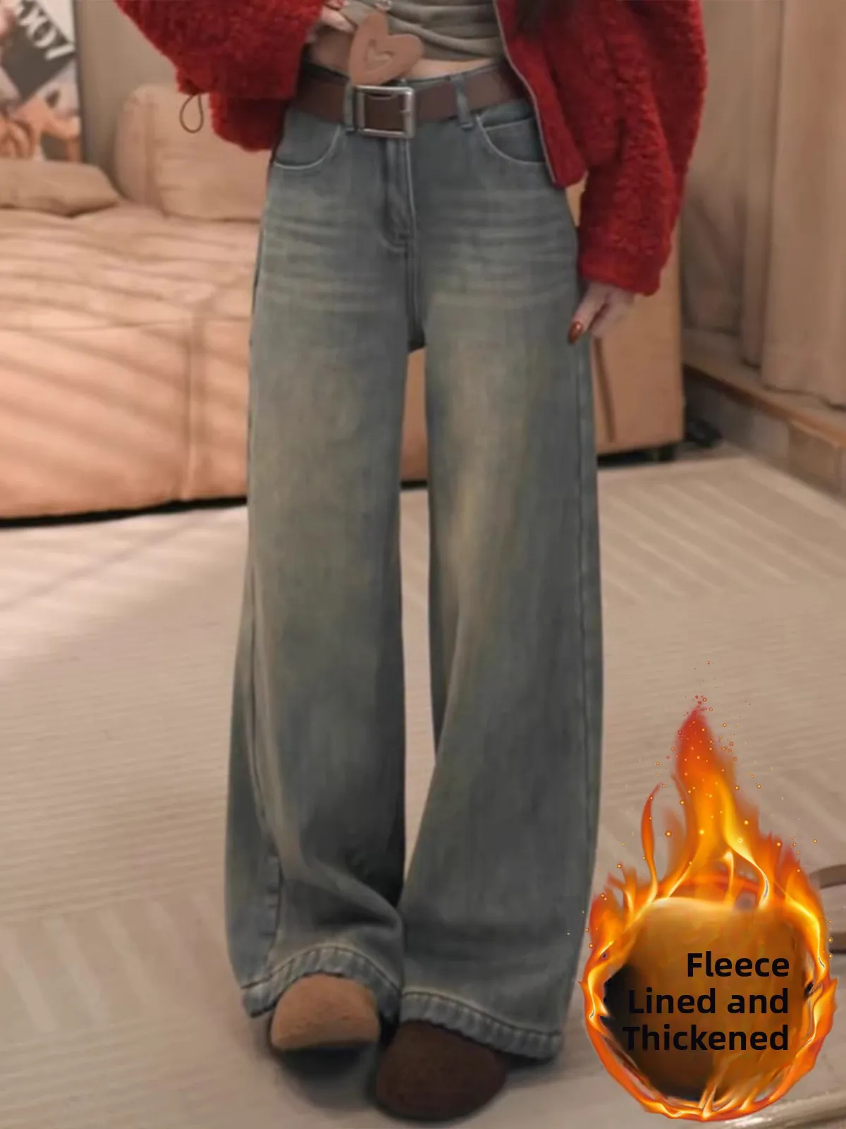 

Retro Fce Lined Wide Leg Denim Jeans High Waist Thiened Loose Straight Floor Length Pants Spring New Sle Women's Faion