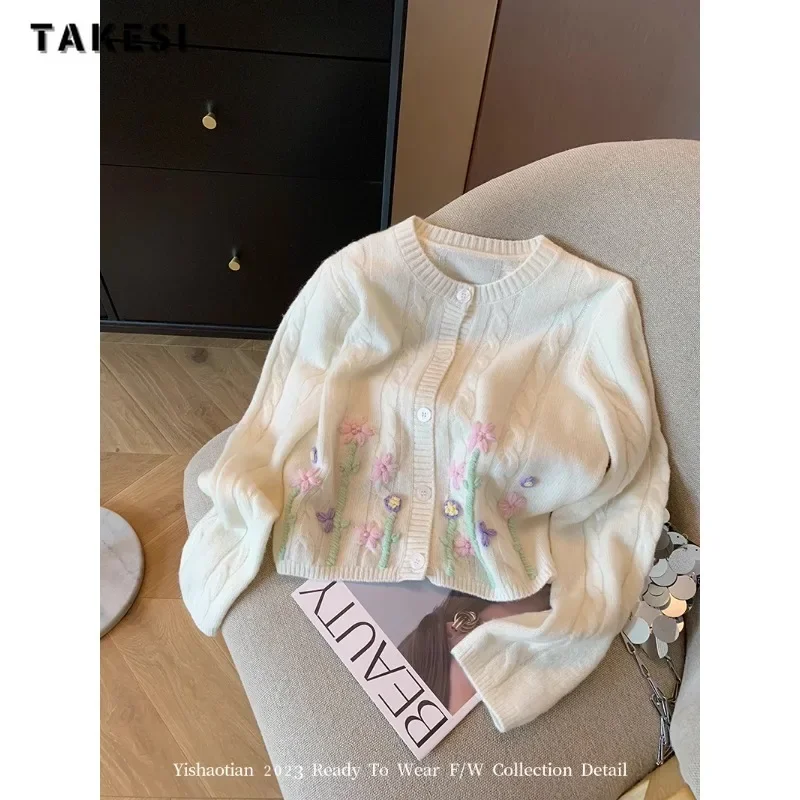 

2023 Winter Sweet Vintage Round Neck Knitting Long Sleeve Cardigans Women Floral Single Breasted Ladies Warm Chic Sweater