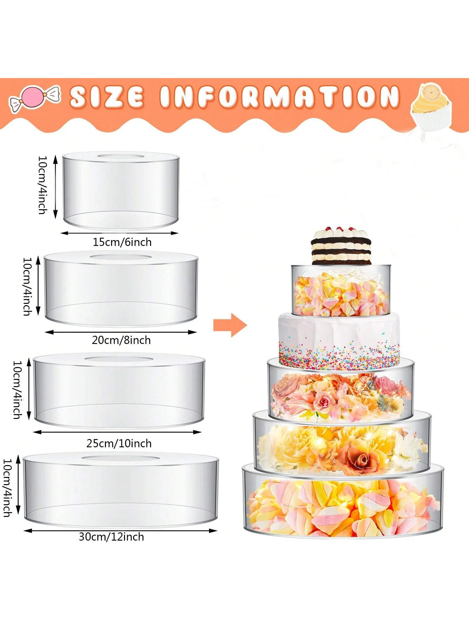 Cake rack, wedding cake rack, transparent fillable cake tray, with LED string lights, suitable for wedding and birthday displays