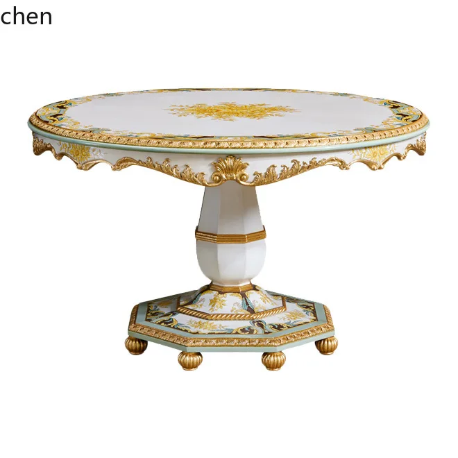 HT Retro Restaurant Round Dining Table Round Carved Craft Palace Solid Wood Decorative Flower Table Villa Home Dining Table