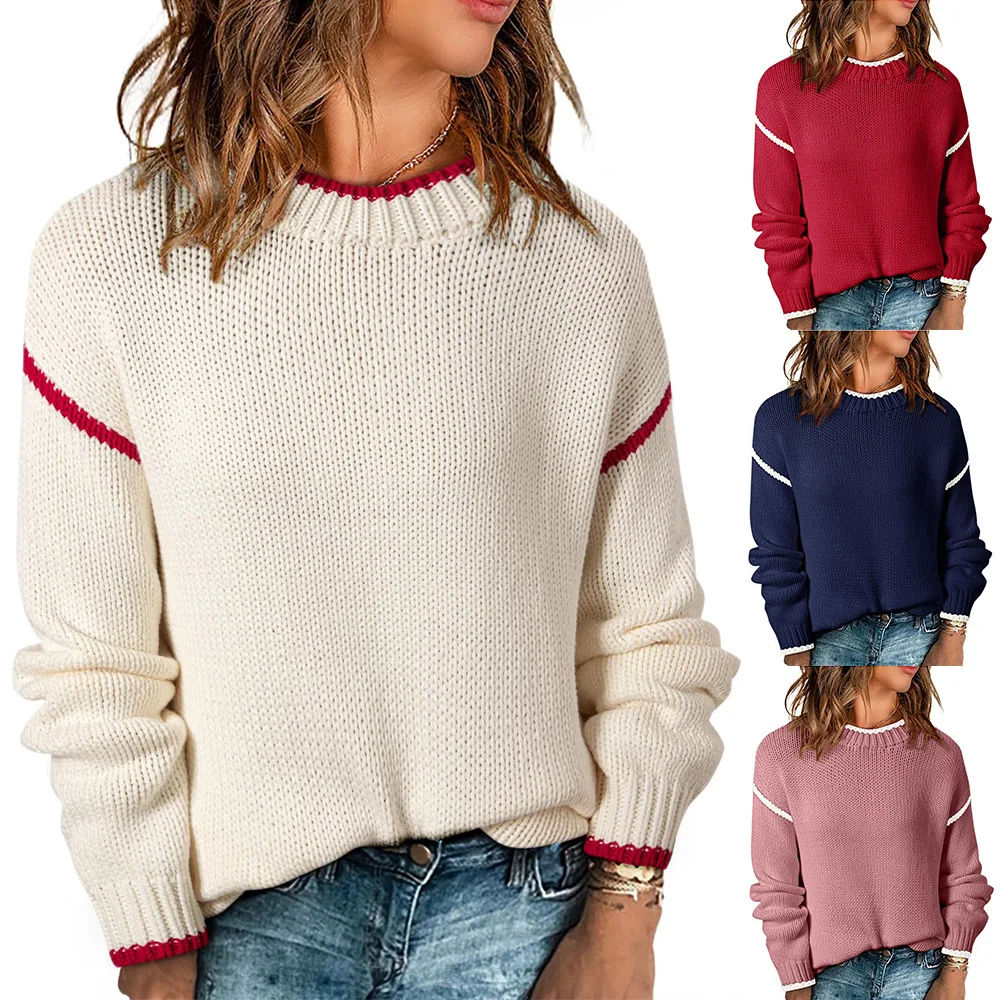 

Women Knitted Pullovers Sweaters Spliced Jumpers Color Blocked Round Neck Long Sleeve Loose Casual Streetwear 2025 Autumn Winter