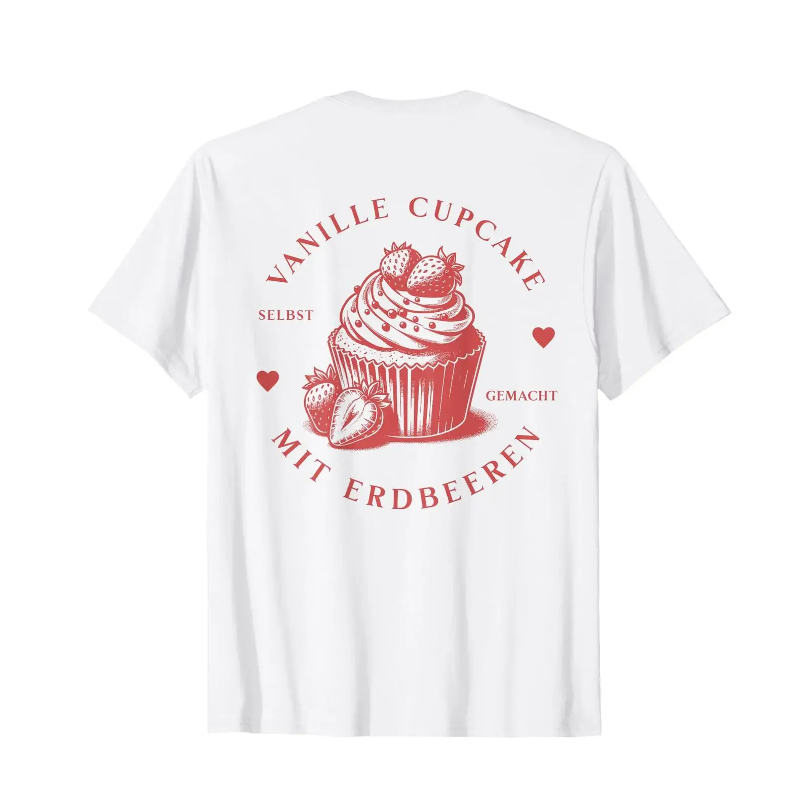 Vanilla Cupcake with Strawberries on Back T Shirt White vintage Washed fashion Comfortable homme Stylish Slightly