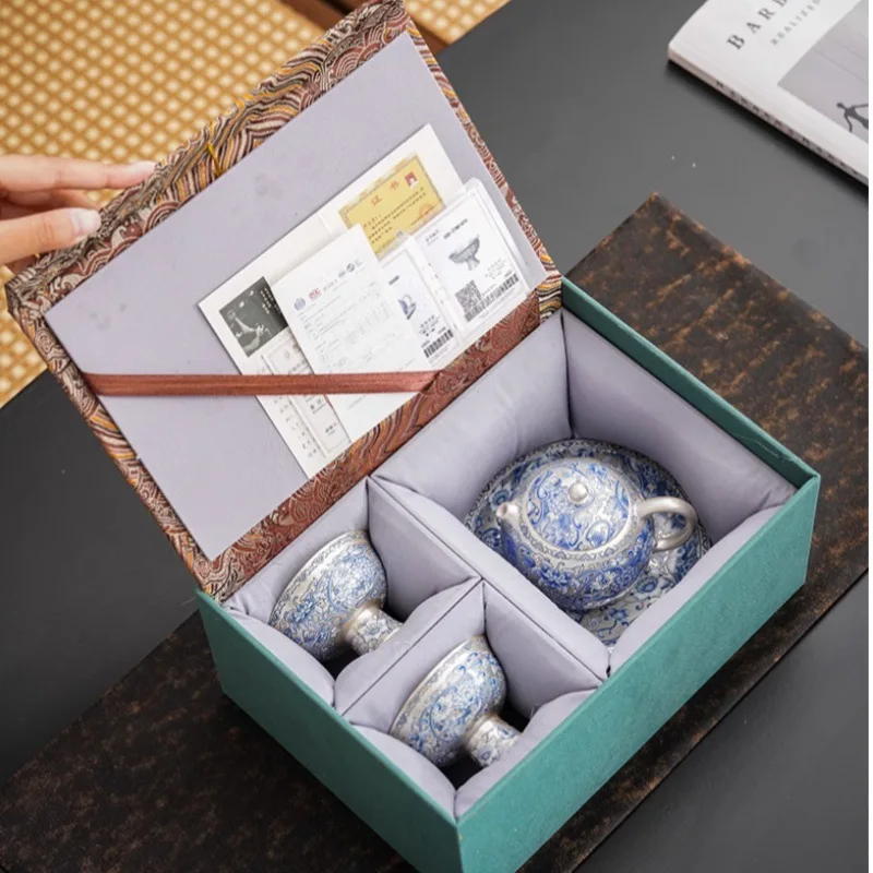 National Trend Cultural Blue and White Silver-Plated Tea Set for Elders, Ladies, Leaders, Company Business, Client Gifts, Birthd