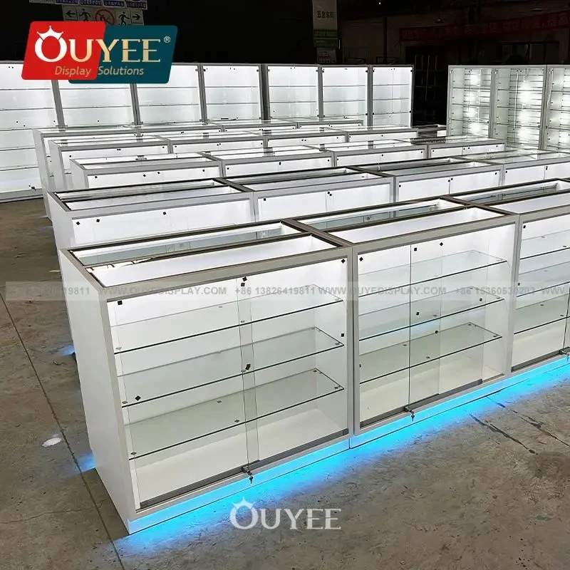 custom.Factory Direct Sale OUYEE Mobile Phone Shop Decoration Glass Showcase Counter Design Cell Phone Display Cabinet 3 Year