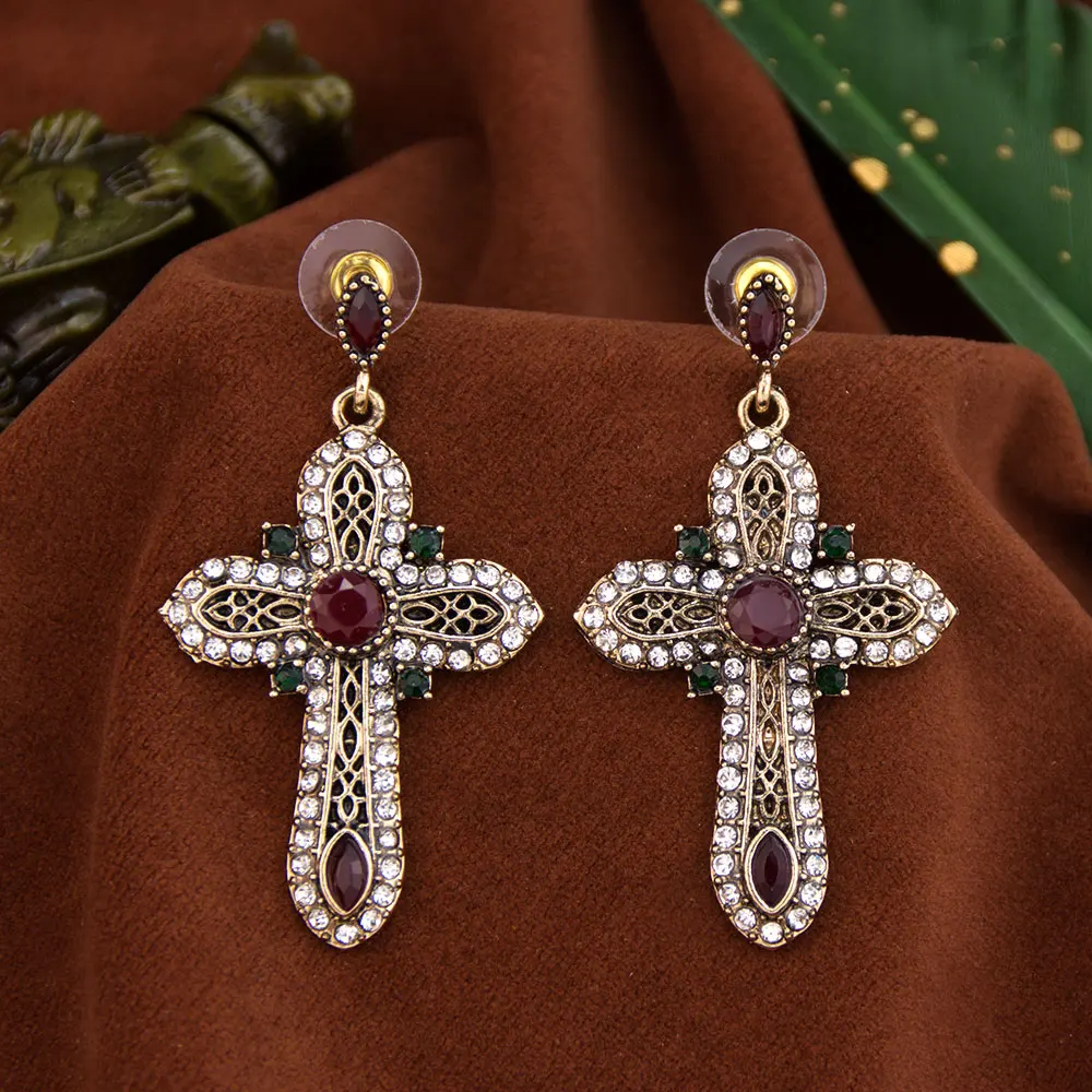 Sunspicems Vintage Turk Cross Earring Long Dangle Earring For Women Antique Gold Color Resin Crystal Multicolor Religion Jewelry