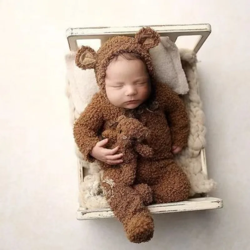 

Реквизит для фотосессии новорожденных, комбинезон с медведем для мальчиков и девочек, милый осенний вязаный наряд с героями мультфильмов, детский комбинезон для фотосессии, наряд