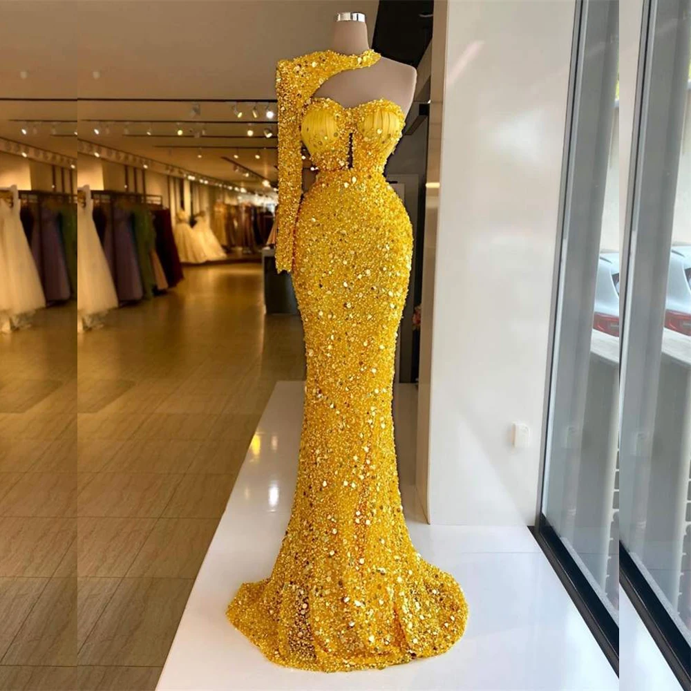 Luxury Yellow Sequined Long Sleeve Evening Dress Sweep Train High Neck Special Occasion Gown Elegant Women Chic Mermaid 2024