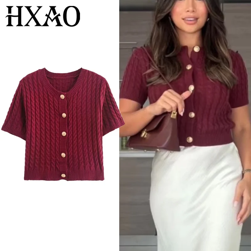 

HXAO Knitted Cardigan Outerwears Autumn Short Sleeve Knit Womens Sweaters Cropped Burgundy Black Sweater Elegant Gray Cardigans