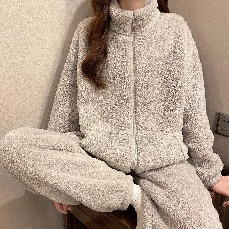 2024 New Zipper Style Pajamas Women Autumn Winter Coral Velvet Long Sleeves Sleepwear Thickened Plush Homewear Flannel Warm Set