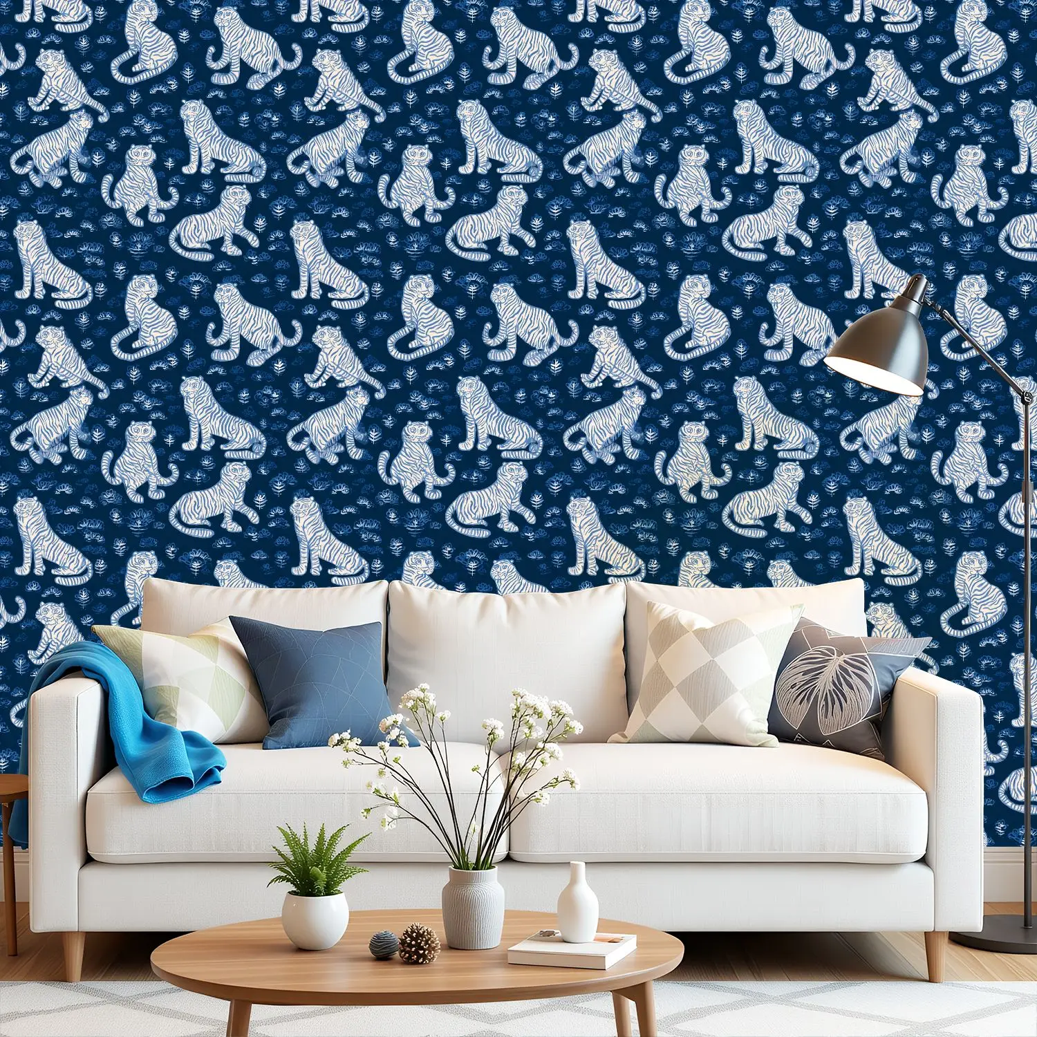 

Сине-белые обои с цветочным тигром 22,83 "X 118" водонепроницаемые обои для гостиной/спальни/ванной комнаты, наклейка на стену из ПВХ