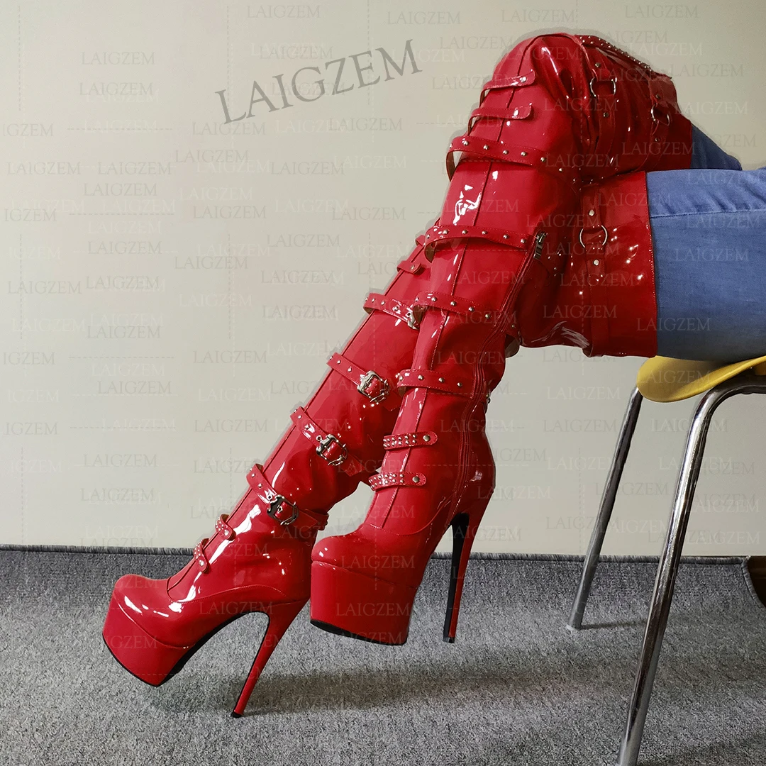 LAIGZEM Women Over Knee Platform Boots Side Zipper Thin High Heels Boots Studded Over Knee Ladies Shoes Woman Plus Size 42 45 52