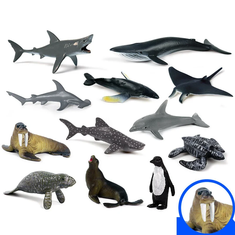 

A49K-36Pcs Simulation Mini Marine Animal Giant Tooth Shark Killer Whale Blue Whale Shark Penguin Dolphin Model