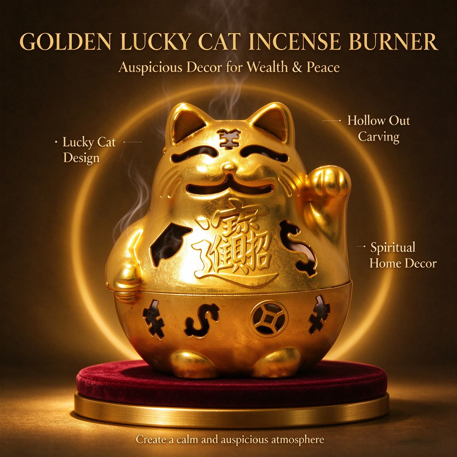 Golden Lucky Cat Incense Burner Metal Censer Tabletop Decor Peaceful Atmosphere Spiritual Ornament Gift Arabic Style Decor