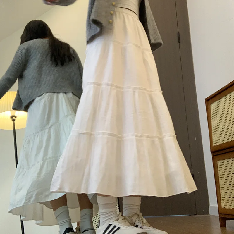 Petite Women High Waist White Tiered Cake Skirt 2026 New A-Line Flowy Umbrella Maxi Skirt Spring Summer Autumn Daily Casual Wear