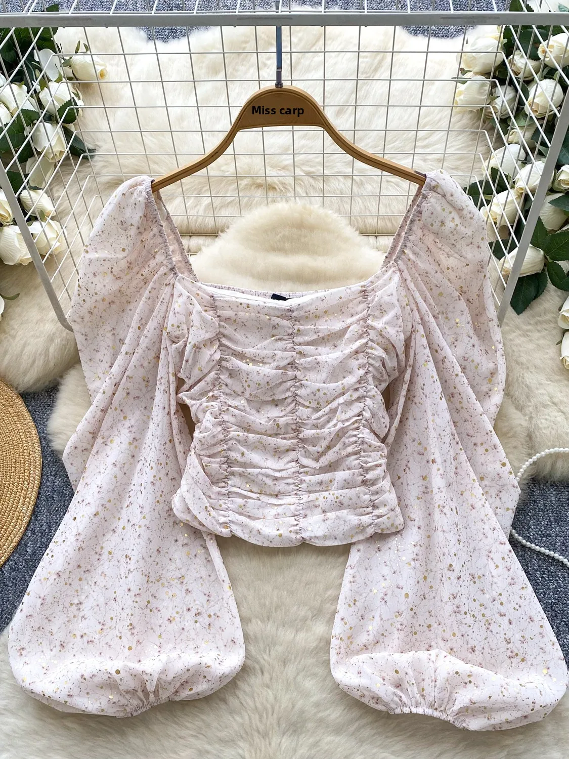 Csa Curta de Chiffon com Estampa Floral e Manga Bufante Estilo Francês para Mulheres Jovens, Respirável para a Temporada d...