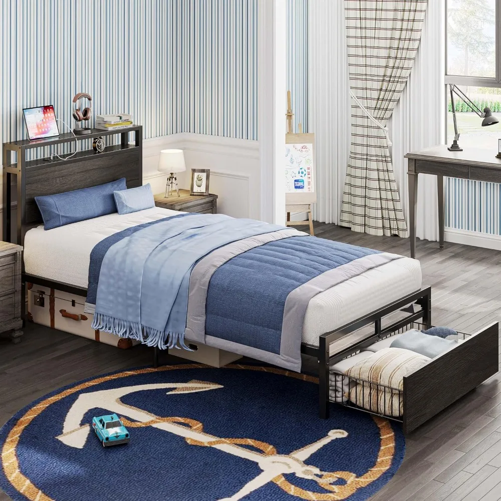 

Bed Frames with Drawer, Storage Headboard wit Outlets, No Box Spring Needed, Easy Assembly,Strong batten support, Bed Frames