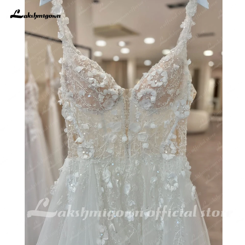 Lakshmigown ilusão 3d floral renda a linha vestidos de casamento 2025 novas alças espaguete sem mangas país vestidos de noiva personalizados