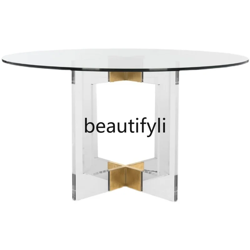 

High transparency acrylic round dining table transparent plexiglass dining table modern stainless steel metal household table