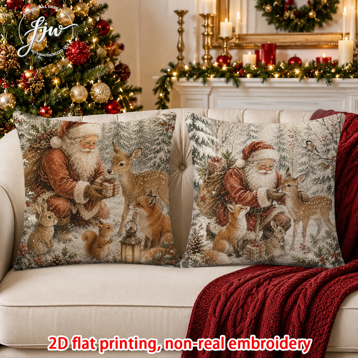 2pcs Christmas Throw Pillow Covers Vintage Santa Snowman Reindeer Xmas Tree Cushion Cases for Home Sofa Holiday Decor