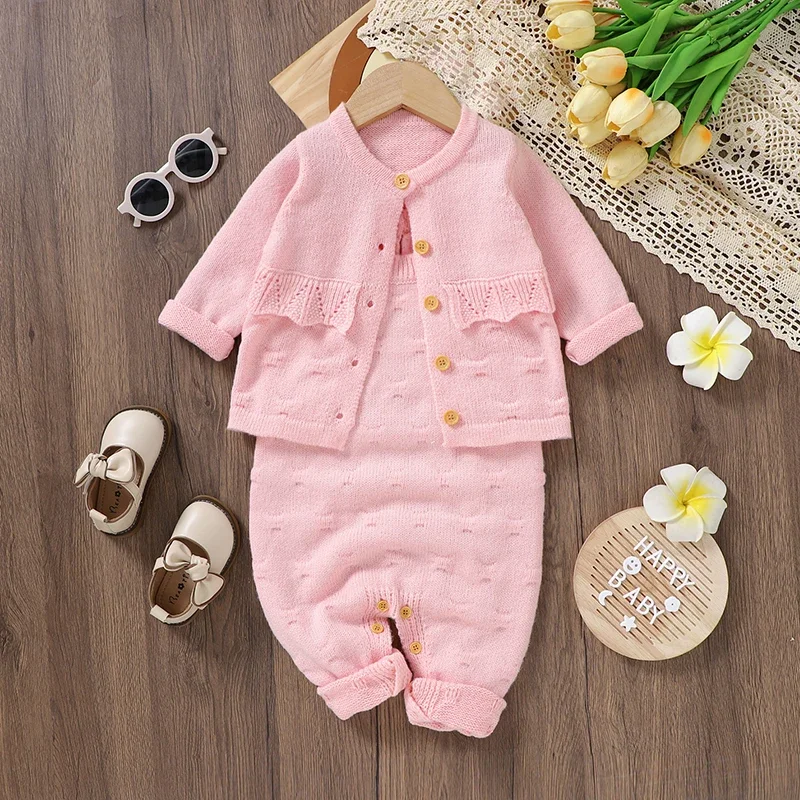 Baby Clothes Set Knitted Infant Girl Sweater +Romper Fashion Pink Solid Newborn Child Long Sleeve Tops +Sleeveless Jumpsuit 2PCS