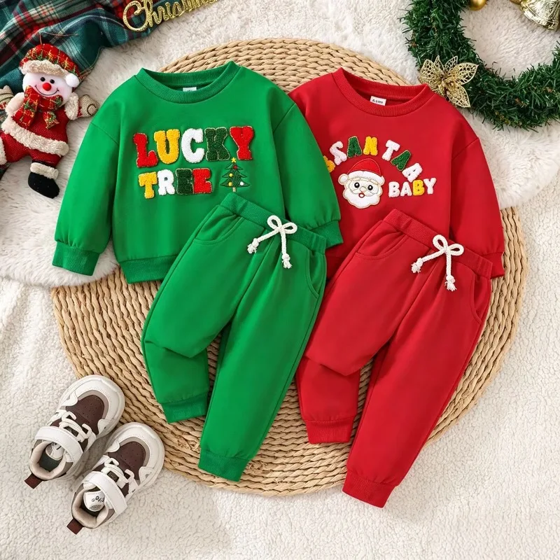 Newborn Toddler Baby Boys Girls Christmas Outfit Set Green Red Long Sleeve Sweatshirt 3D Letters And Jogger Pants 0 24M