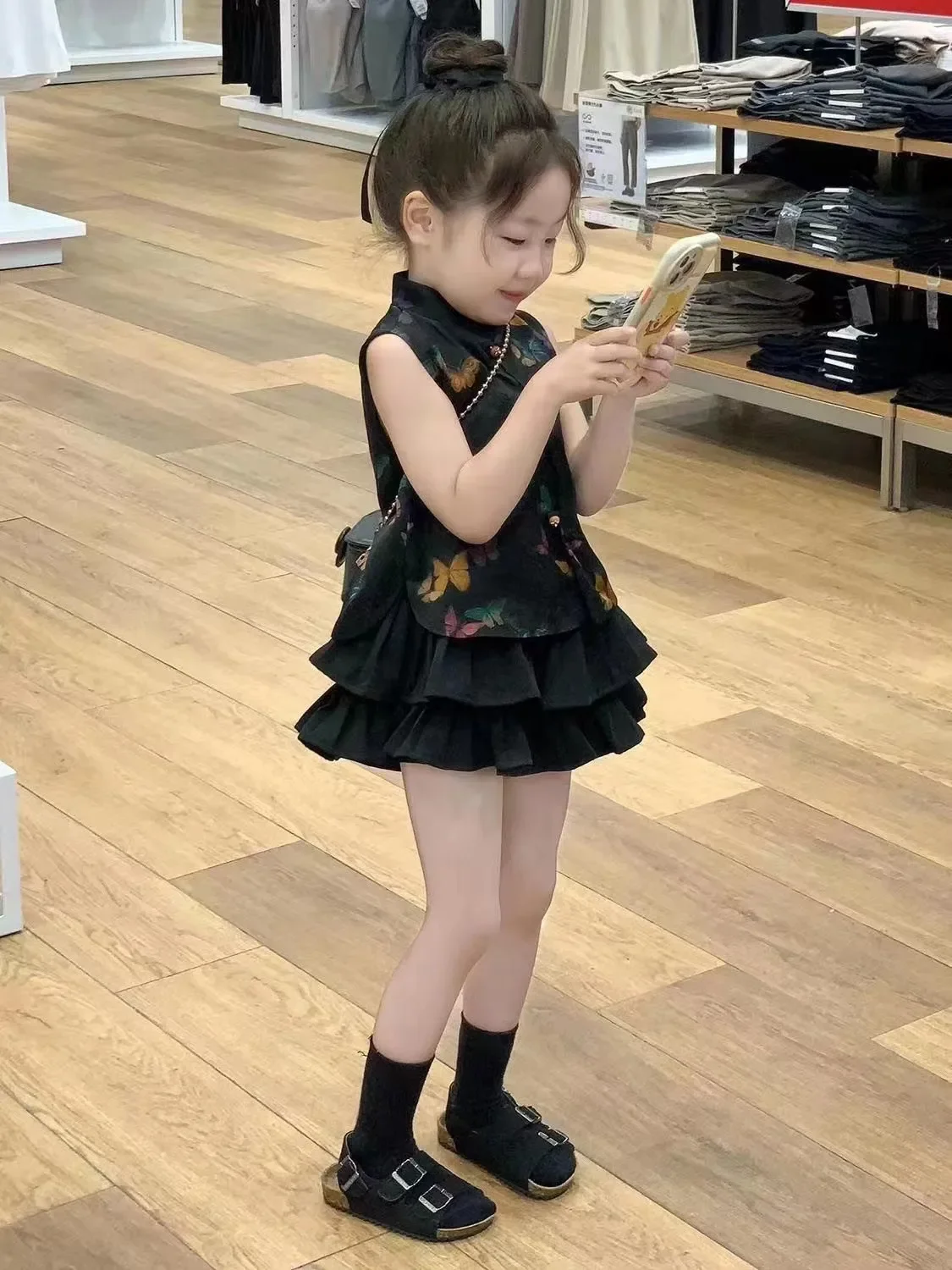 

Топ в китайском стиле, модная складная юбка для торта, комплект из двух предметов, летний комплект для девочек, новинка 2025 года, детский