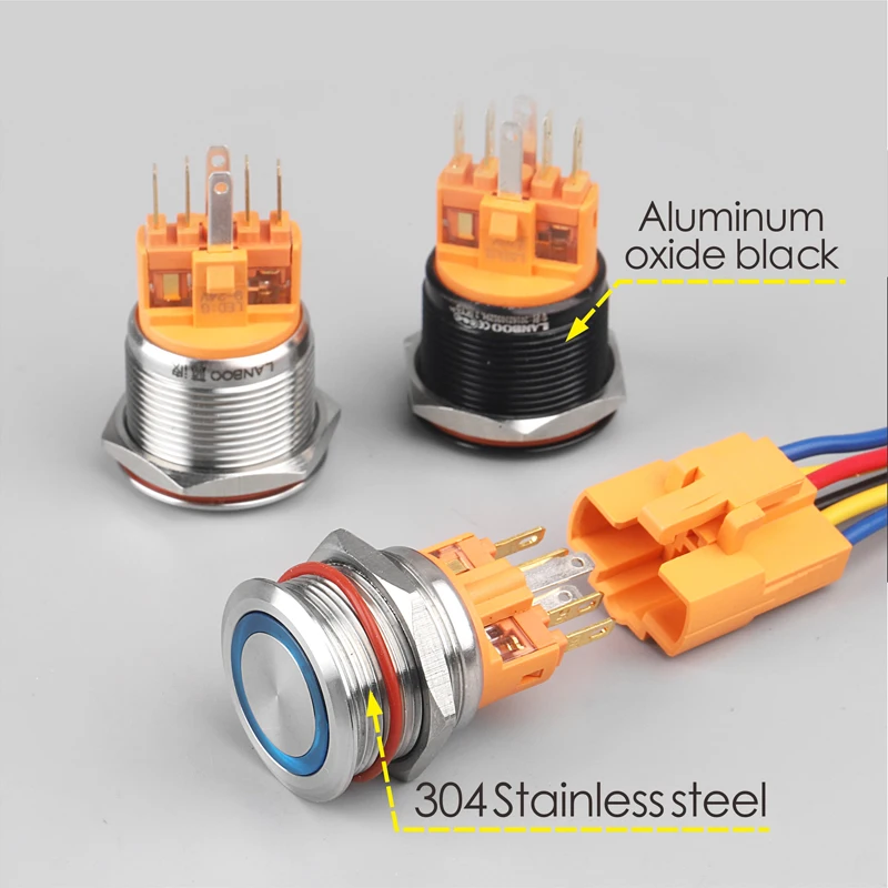 LANBOO 22MM latching/momentary type illuminated Power symbol 1NO1NC push button switch with LED 12V24V220V