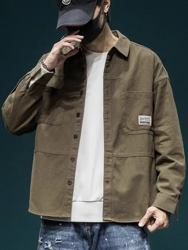 

Loose Fit American Sle Men's irt Jaet Large Size Workwear Long Sve Casual Cotton Color Button up Coat