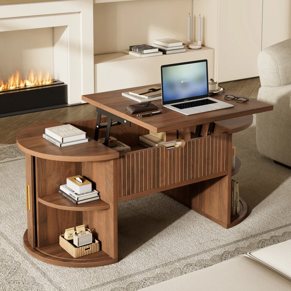 Table basse moderne réglable en hauteur, pour salon, avec étagères ouvertes et rangement dissimulé, portes coulissantes, pour petits appartements