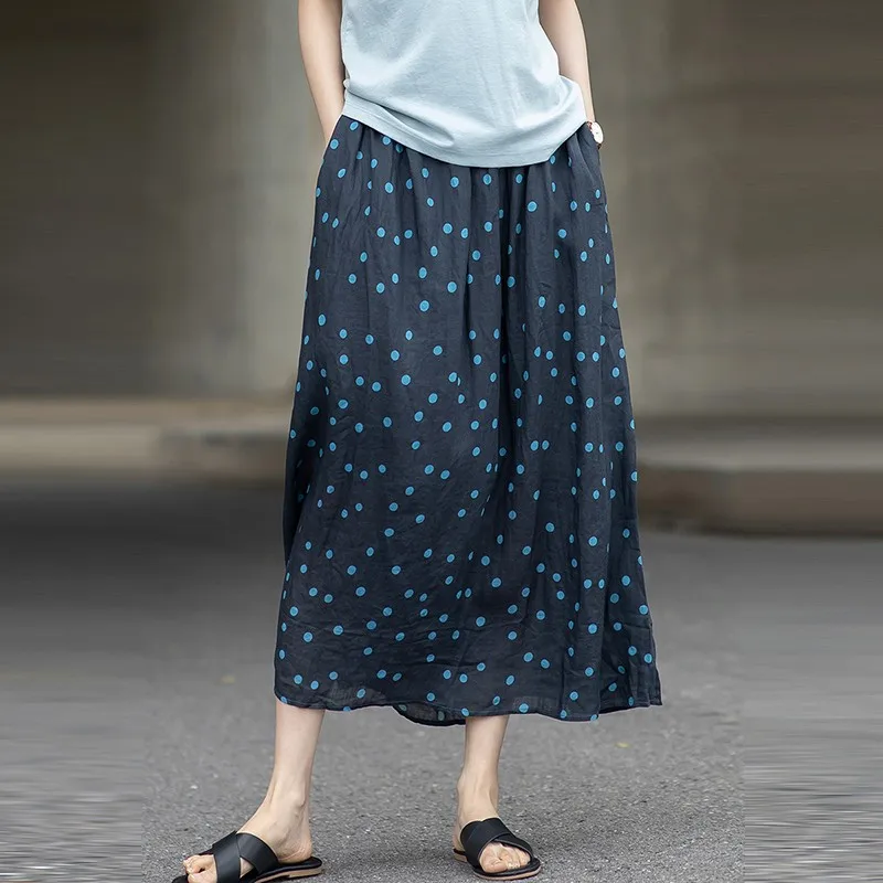 2024 Spring Summer New Arts Style Women Elastic Waist Vintage Dot Print Loose A-line Skirt All-matched Casual Long Skirt